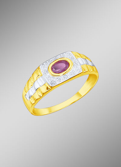Massiver Partnerring mit 14 Diamanten und echtem Rubin 