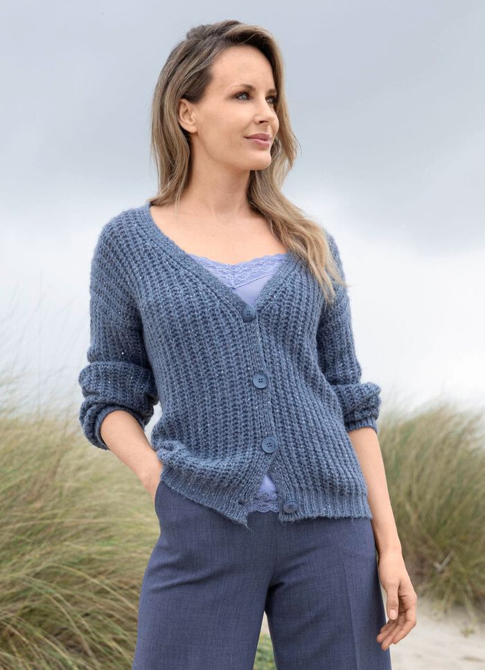 Strickjacke mit Paillettengarn JEANSBLAU MELIERT