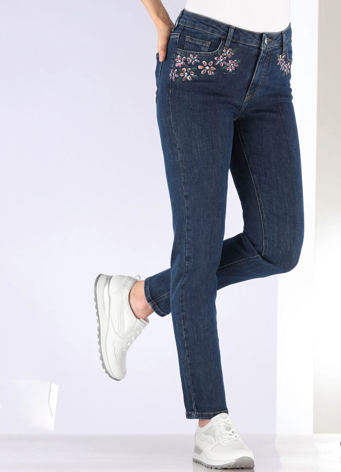 Jeans mit handbemalten, floralen Motiven 