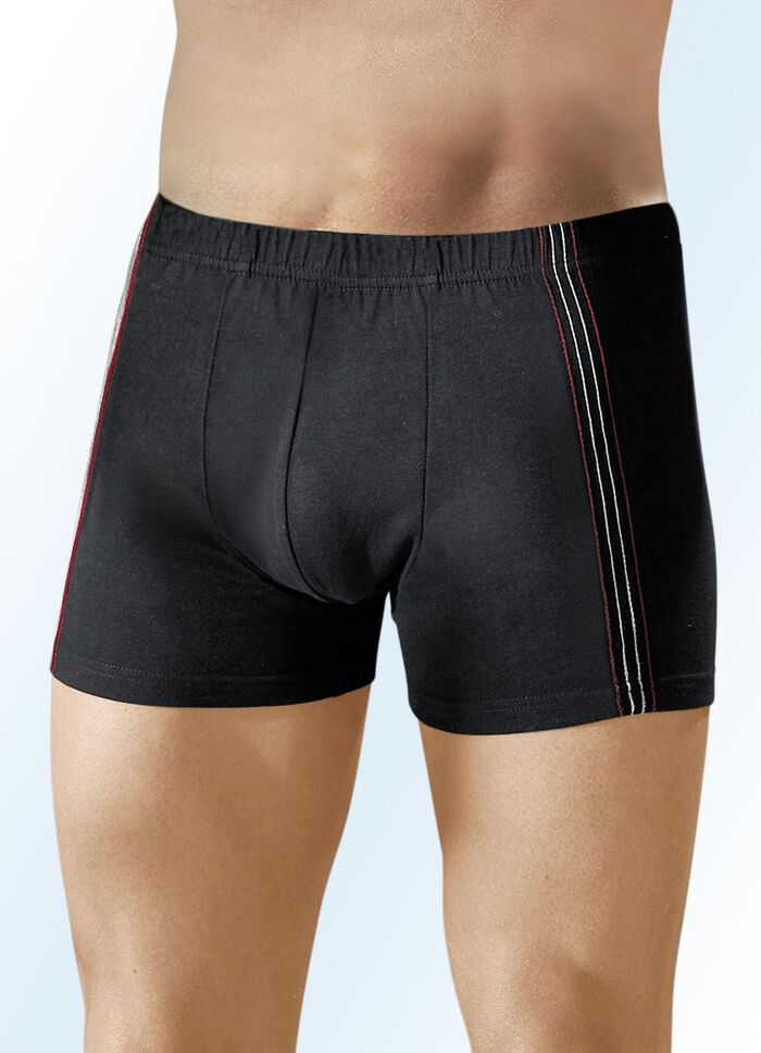 Viererpack Pants, uni mit seitlichen Kontrasten, in 2 Farbkombinationen 2X SCHWARZ-MANDARINE-STAHLBLAU, 2X SCHWARZ-ROT-ECRU