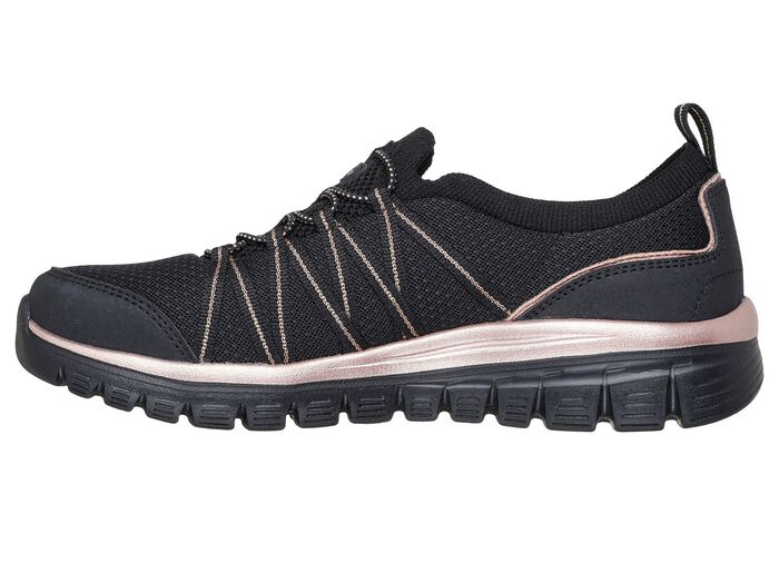 SKECHERS,  trendige Damen-Slipper, aus gestricktem Mesh-Material SCHWARZ-ROSÉGOLD