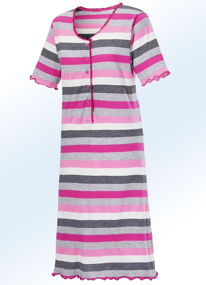 Nachthemd mit Knopfleiste und garngefärbtem Ringeldessin GRAU-FUCHSIA