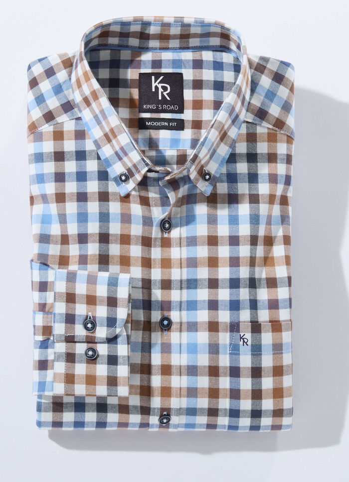 «King's Road»-Hemd mit Button-Down-Kragen in 4 Farben BRAUN-BLAU-ECRU KARIERT