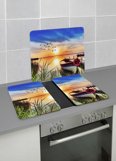 Herdabdeckplatten oder Wandblende aus Glas, Motiv Idylle am See 