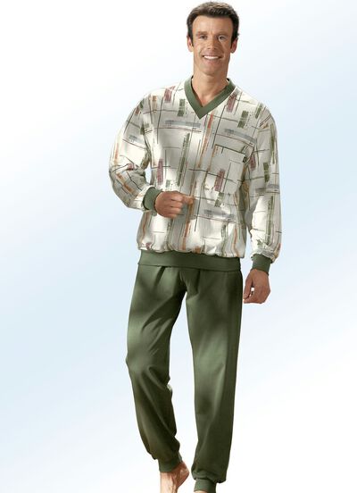 Pyjama mit Alloverdessin, V-Ausschnitt und Bündchen 