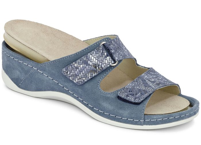 Mubb, bequeme Damen-Pantoletten, Weite H, mit herausnehmbarem Fussbett JEANSBLAU