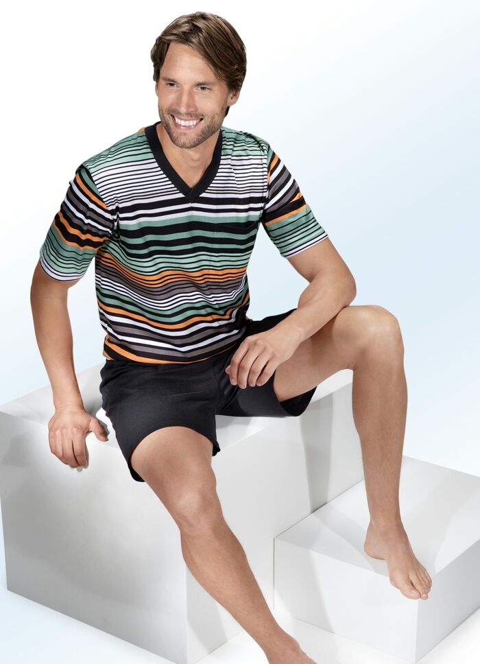 Shorty mit V-Ausschnitt, Brusttasche und Ringeldessin 