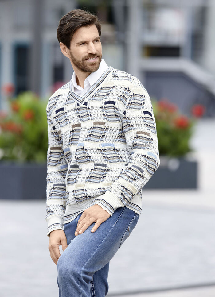 Modischer V-Pullover mit Intarsienmuster ECRU-BEIGE-MARINE