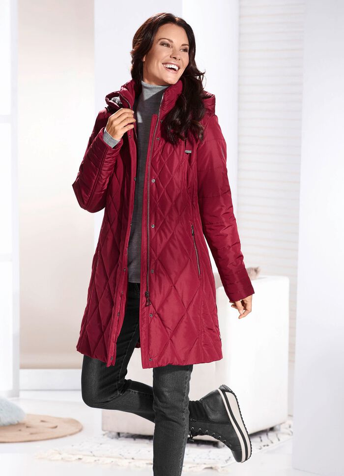 Kurzmantel mit Kunstpelz-Innenausstasttung in der Kapuze RUBINROT