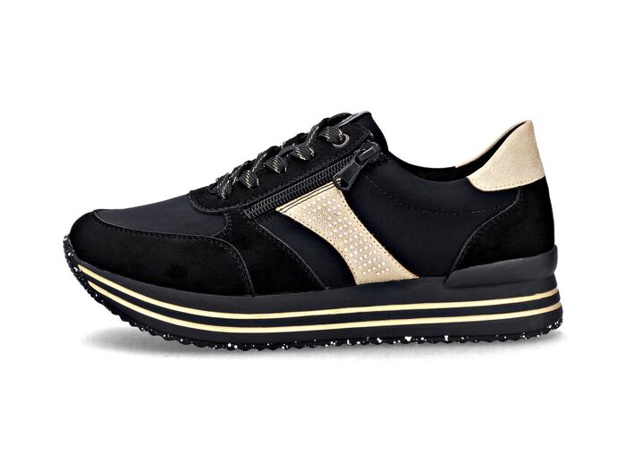Remonte, trendige Damen-Sneaker, Weite G, mit herausnehmbarem Fussbett SCHWARZ-GOLD
