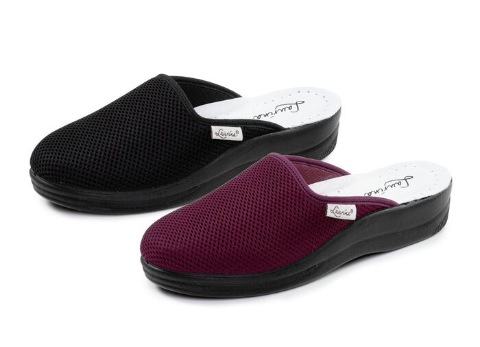 Laurina, Zweierpack, klassische Damen-Hausschuhe, Weite G, aus Mesh-Material 1X BORDEAUX, 1X SCHWARZ