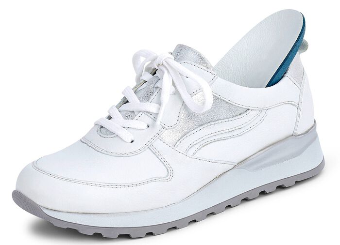Waldl&auml;ufer Schn&uuml;rschuh in modernem Dessin WEISS-SILBER