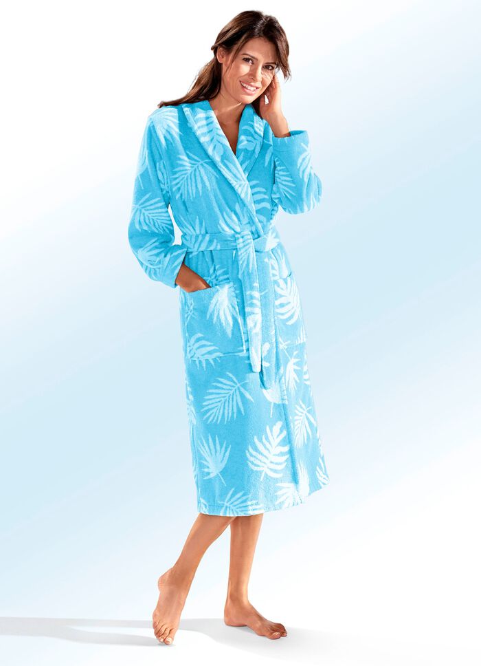 Bademantel in wadenlanger Form TÜRKIS-WEISS