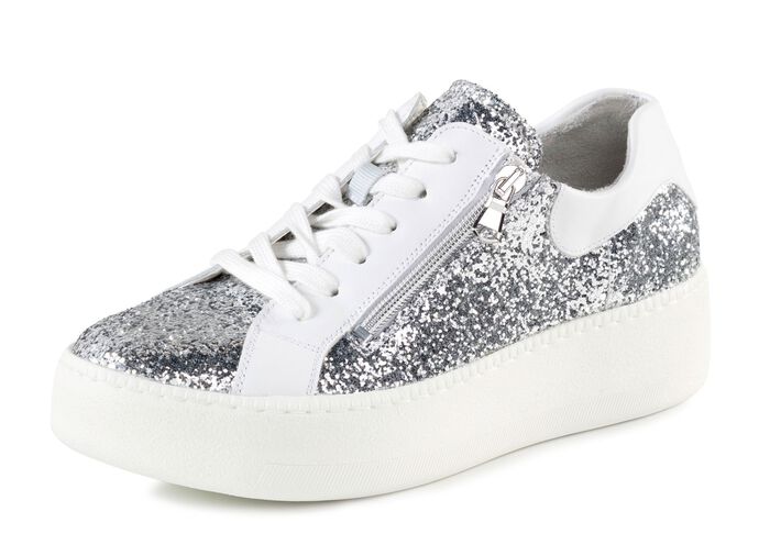 Waldl&auml;ufer Sneaker mit Streuglitzer und Leo-Druck SILBER-WEISS