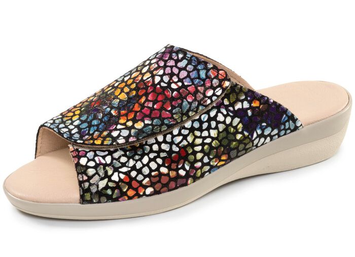 Bequeme Damen-Pantoletten, Weite G, mit Klettverschluss SCHWARZ-BUNT