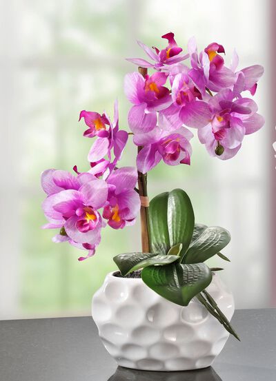 Orchideen-Gesteck in Keramikvase 