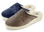 Zweierpack, warme Damen-Hausschuhe, Weite H, mit Wolle TAUPE+MARINE
