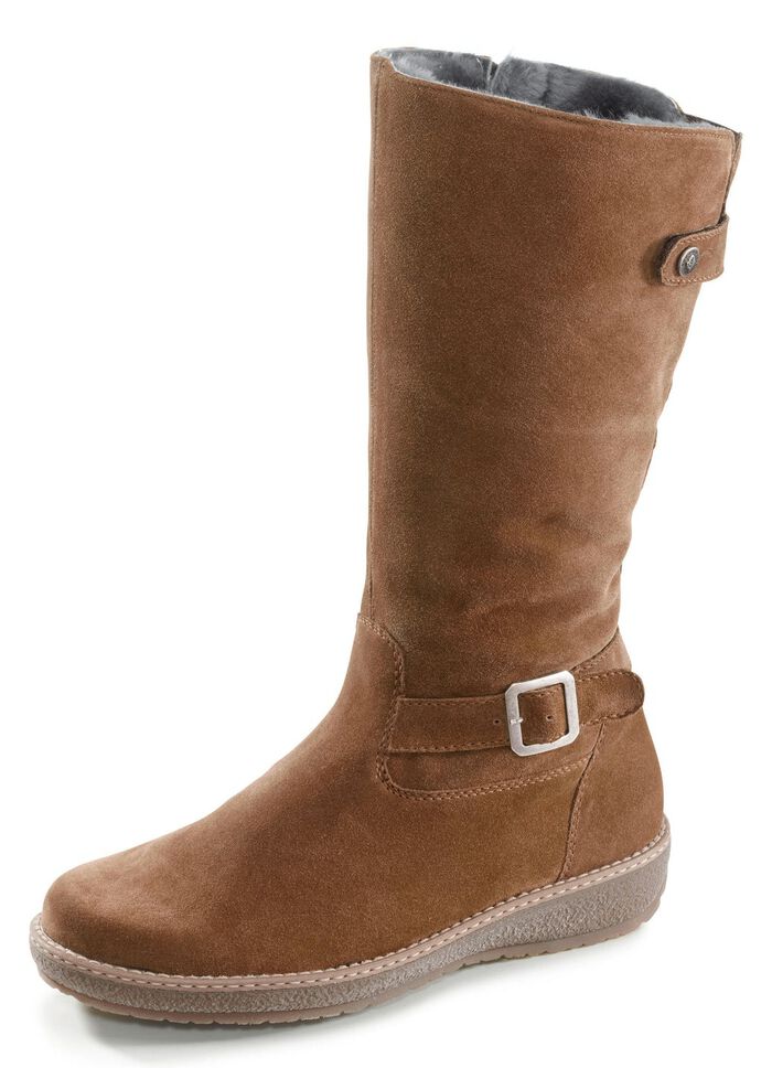 Waldl&auml;ufer, gef&uuml;tterte Damen-Stiefel, Winterschuhe, Weite H, mit Lammfell COGNAC