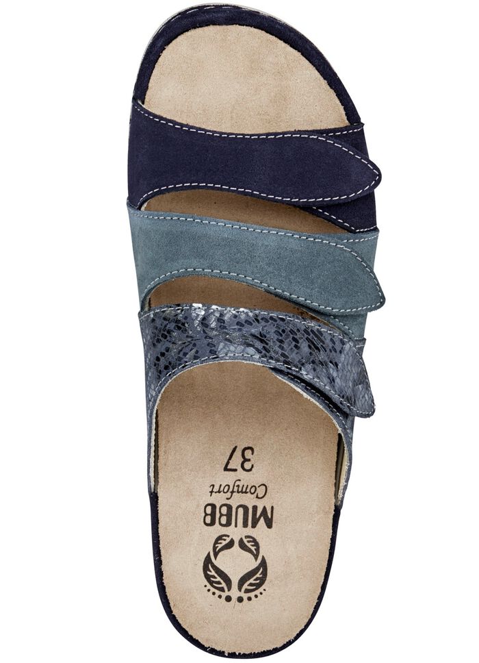 Mubb, bequeme Damen-Pantoletten, Weite H, mit herausnehmbarem Fussbett BLAU