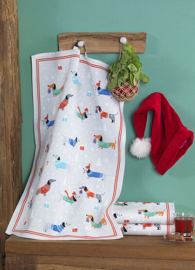 Geschirrtücher mit Weihnachtsdackel-Motiv, 3er-Set 